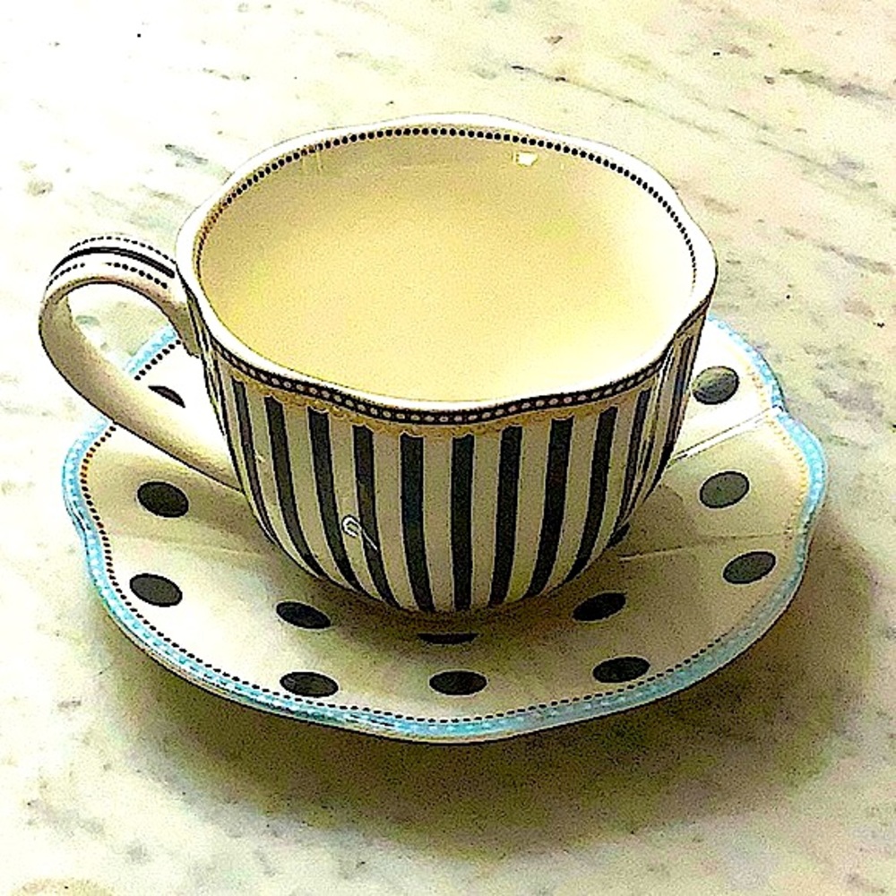 GRACES TEAWARE FLAT CUP SAUCER SET BLACK STRIPE & DOTS METALLIC GOLD DOTS NEW